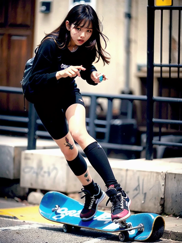 (realistic:1.3) , finely detailed, quality, (masterpiece:1.2) , (photorealistic:1.2) , (best quality) , (detailed skin:1.3) , (intricate details) , ray tracing, dramatic, 1 girl, (cute korean Ethereal Female), (film grain:1.2), Skate park, Skateboard ramps, Graffiti, Half-pipe, Rails, Skaters, Bikes