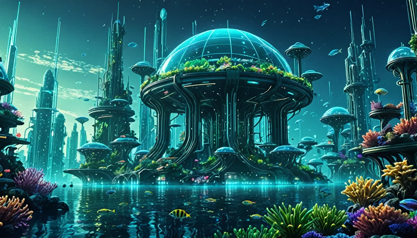 a futuristic underwater city,glowing bioluminescent plants,advanced architecture with neon lights,sleek metallic structures,massive glass domes,schools of colorful fish,giant sea creatures in the distance,cinematic lighting,muted blue and green tones,8k, hyper detailed, cinematic,concept art, photorealistic