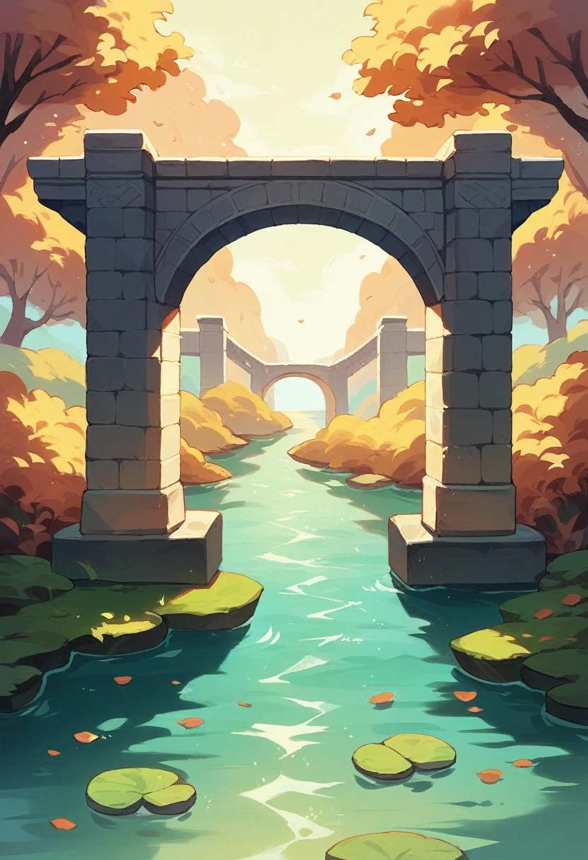 A peaceful park view。In the center of the screen,There is a stone bridge across the calm water,The bridge is beautifully carved with patterns。The golden light of the setting sun reflected on the water,Sparkling。