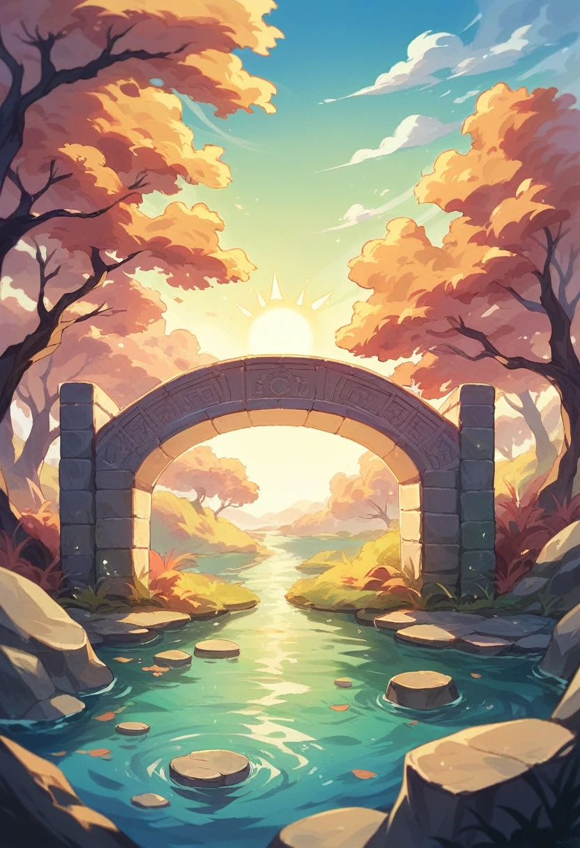 A peaceful park view。In the center of the screen,There is a stone bridge across the calm water,The bridge is beautifully carved with patterns。The golden light of the setting sun reflected on the water,Sparkling。