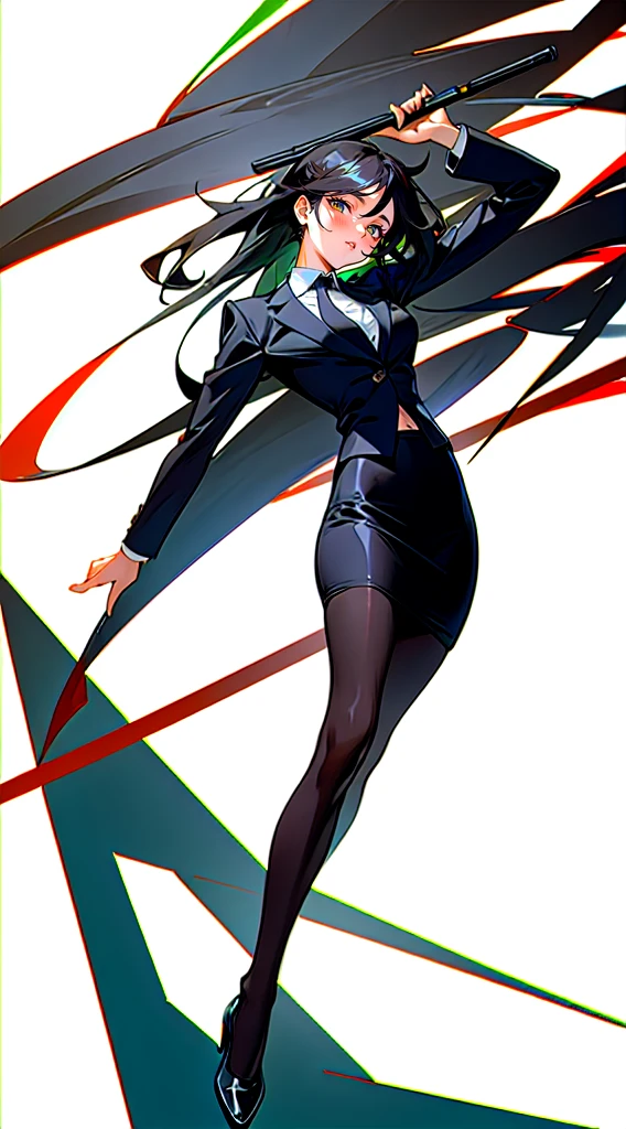 Highest quality,masterpiece,Ultra-high resolution,GGX Heel,One girl, Black business suit, Pencil Skirt, Black Pantyhose, Black footwear