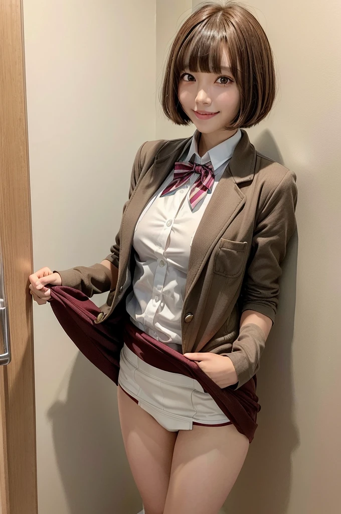 One Woman、((Standing wearing a blazer and miniskirt school uniform))、,((small breasts)),Highest quality、Very delicate and beautiful、((Very short bangs))、((Bangs))、明るいつやのある茶色の髪のHighest quality、Very delicate and beautiful、((Very short bangs))、((blunt bangs))、Light shiny brown hair、The hair is light、((Short Bob))、Cute face、Young face、Cute like an idol、Are thin、Slim figure、slender、Short、 body type、((Large bathroom at home))、Shot from above、、The best smile、