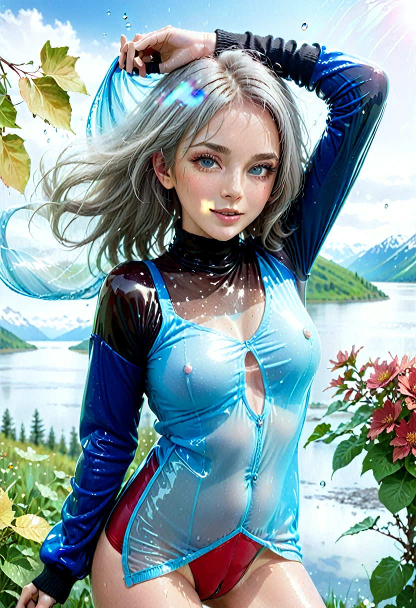 (1girl), (skin pale), (grey hair), blue eyes, (Russian face), detailed hair, detailed skin, detailed eyes, detailed face, beautiful, gorgeous, lips, messy hair, medium hair, lake, mountains, grasslands, clouds, sun, raindrop, forest, flowers, city background, whinter, (leaves), muscular female, big smile, rain, fog, freckles, wind, air, high detail, looking at viewer, ((transparent translucent clear to the through pink latex Slip)), (((translucent transparent clear to see through long latex sleeve))), ((red latex legwear)), black jersey , ((transparent translucent clear to the through blue sweater)) , socks, thighhighs, high heels, boots, standing