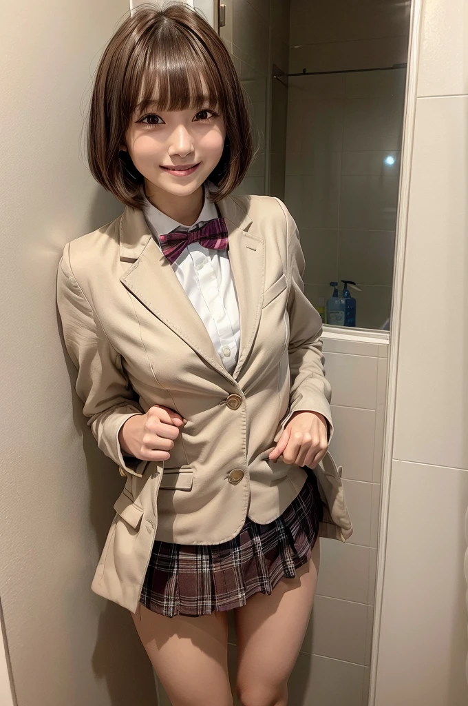 One Woman、((Standing wearing a blazer and miniskirt school uniform))、,((small breasts)),Highest quality、Very delicate and beautiful、((Very short bangs))、((Bangs))、明るいつやのある茶色の髪のHighest quality、Very delicate and beautiful、((Very short bangs))、((blunt bangs))、Light shiny brown hair、The hair is light、((Short Bob))、Cute face、Young face、Cute like an idol、Are thin、Slim figure、slender、Short、 body type、((Large bathroom at home))、Shot from above、、The best smile、