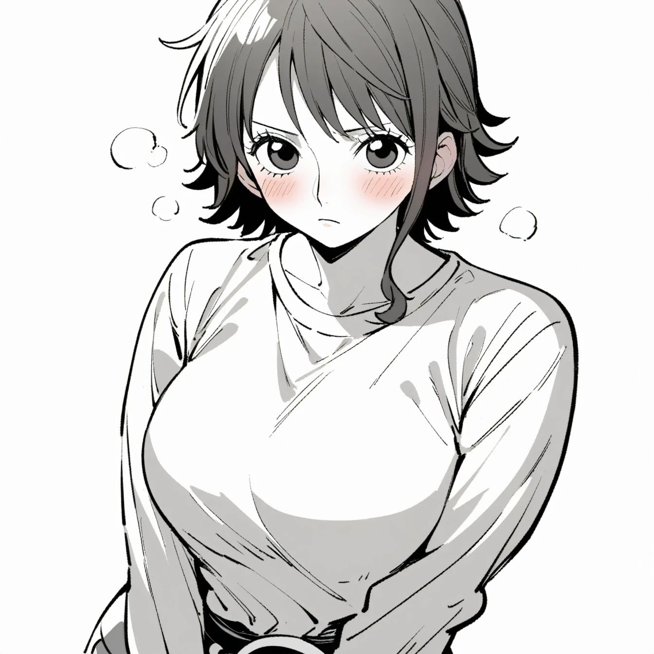 1 Girl, Nami, One Piece, Nami,One Piece,Solitary, Viewers, Pure white background,blush, breathe, avatar,Half Body,Comic style without color,angle, masterpiece, best quality