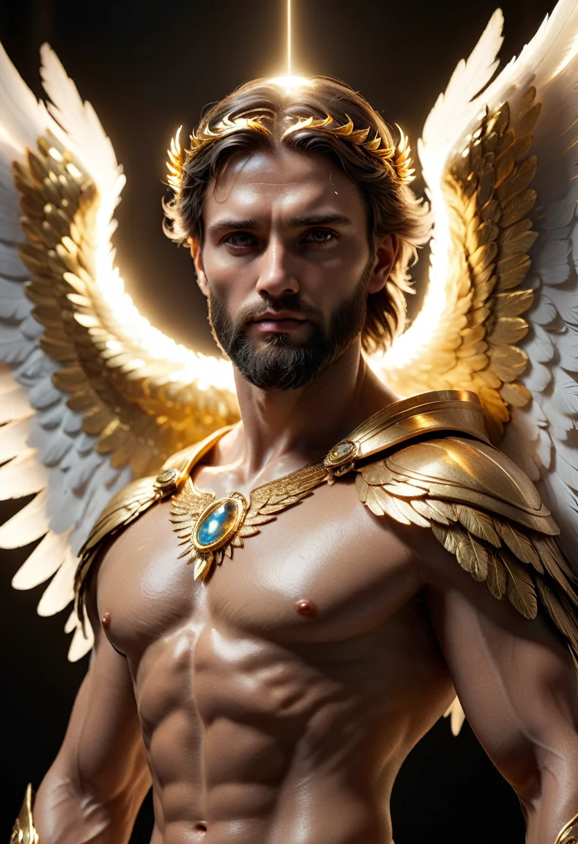 dark, (ashenhard style:1.1),, a male angel, with beams of light enveloping his body, his feathery wings are spread out, a golden halo over his head, muscular, beard, masculine, masterpiece, best quality, intricate detail, absurdres, high detail RAW color Photo, highly detailed, harsh lighting, cinematic lighting, detailed eyes, distinct pupils, contrast, textured skin, cold skin pores, hard light, gigapixel, feet visible, flawless face, 8k resolution, beautiful, cinematic, elegant, hyperrealistic, octane render, unreal, high definition, 8k resolution, highly detailed, 8k uhd, professional lighting, photon mapping, radiosity, physically-based rendering, perfect face, detailed face and body, award-winning photography, detailed face, backlight, ultrarealistic, ray tracing, intense gaze, cinematic lighting