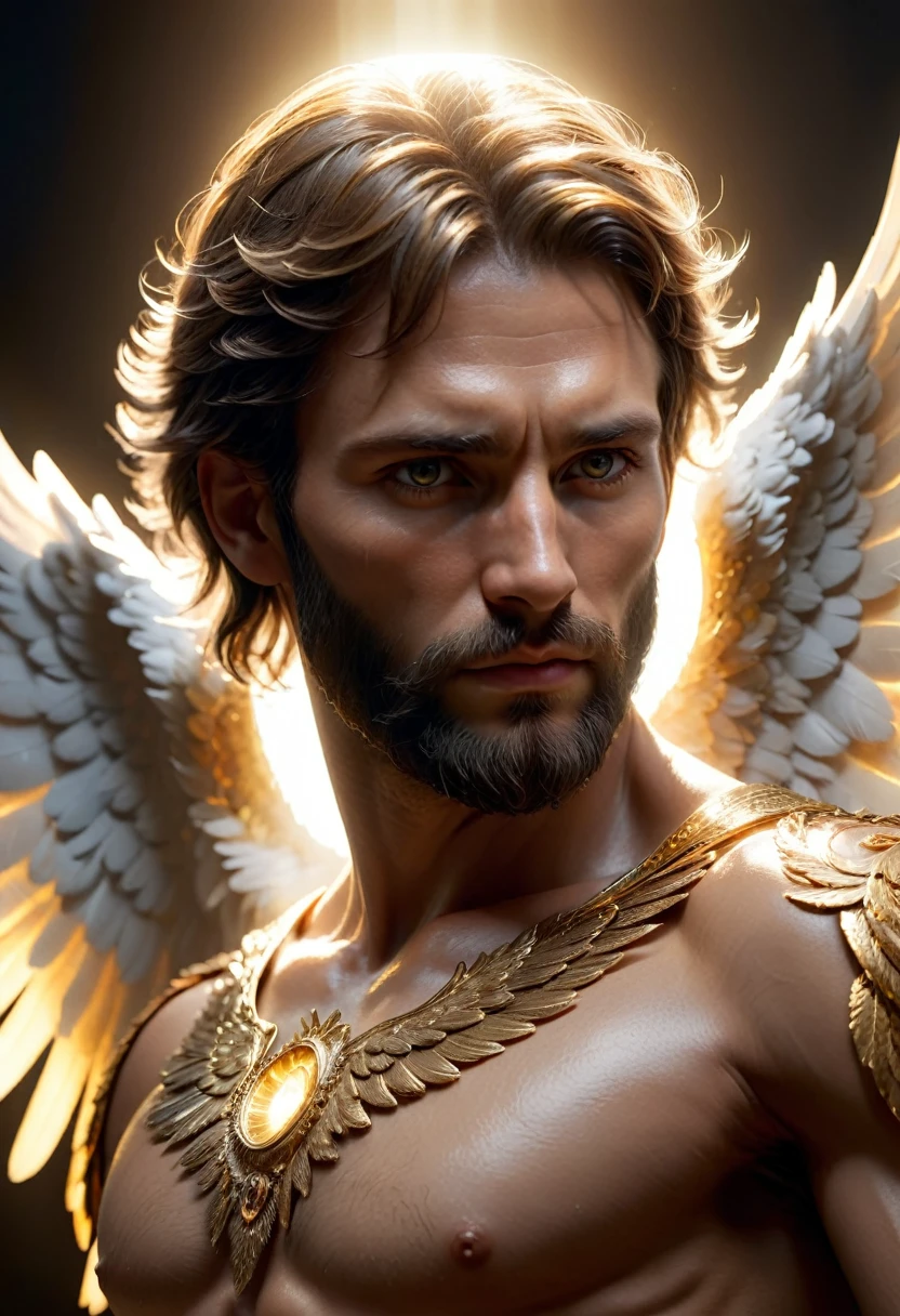 dark, (ashenhard style:1.1),, a male angel, with beams of light enveloping his body, his feathery wings are spread out, a golden halo over his head, muscular, beard, masculine, masterpiece, best quality, intricate detail, absurdres, high detail RAW color Photo, highly detailed, harsh lighting, cinematic lighting, detailed eyes, distinct pupils, contrast, textured skin, cold skin pores, hard light, gigapixel, feet visible, flawless face, 8k resolution, beautiful, cinematic, elegant, hyperrealistic, octane render, unreal, high definition, 8k resolution, highly detailed, 8k uhd, professional lighting, photon mapping, radiosity, physically-based rendering, perfect face, detailed face and body, award-winning photography, detailed face, backlight, ultrarealistic, ray tracing, intense gaze, cinematic lighting