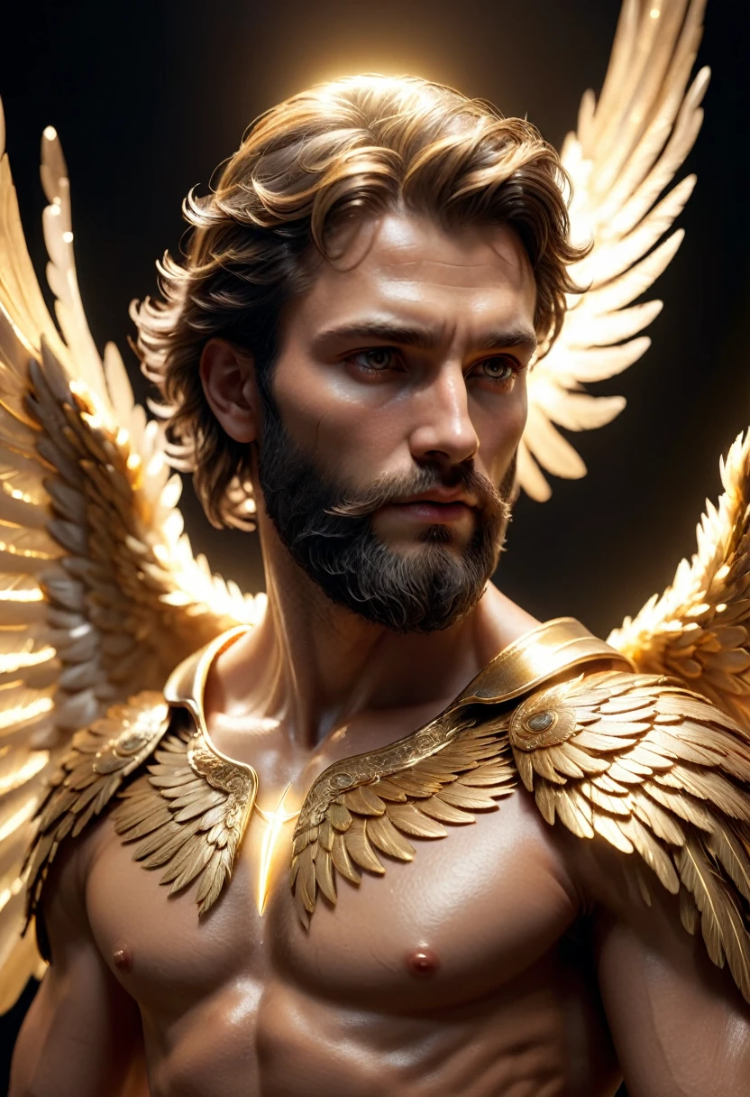 dark, (ashenhard style:1.1),, a male angel, with beams of light enveloping his body, his feathery wings are spread out, a golden halo over his head, muscular, beard, masculine, masterpiece, best quality, intricate detail, absurdres, high detail RAW color Photo, highly detailed, harsh lighting, cinematic lighting, detailed eyes, distinct pupils, contrast, textured skin, cold skin pores, hard light, gigapixel, feet visible, flawless face, 8k resolution, beautiful, cinematic, elegant, hyperrealistic, octane render, unreal, high definition, 8k resolution, highly detailed, 8k uhd, professional lighting, photon mapping, radiosity, physically-based rendering, perfect face, detailed face and body, award-winning photography, detailed face, backlight, ultrarealistic, ray tracing, intense gaze, cinematic lighting