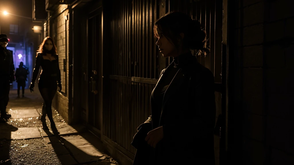 "The woman finds herself cornered in a dimly lit alley. The shadowy figures close in, revealing themselves as agents of a mysterious organization. They demand something from her, but she remains defiant, her hands subtly beginning to glow with an ethereal light."