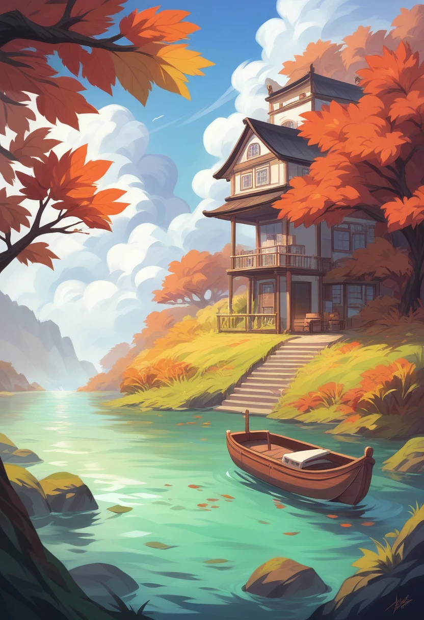 Peaceful and beautiful scenery scene。The foreground is a wide expanse of water,The water is calm as a mirror,Reflecting the surrounding scenery。There is a small boat floating on the water,There was no one on board。In front of the building in the water,There is a golden tree,The leaves are bright gold,In line with the autumn atmosphere。