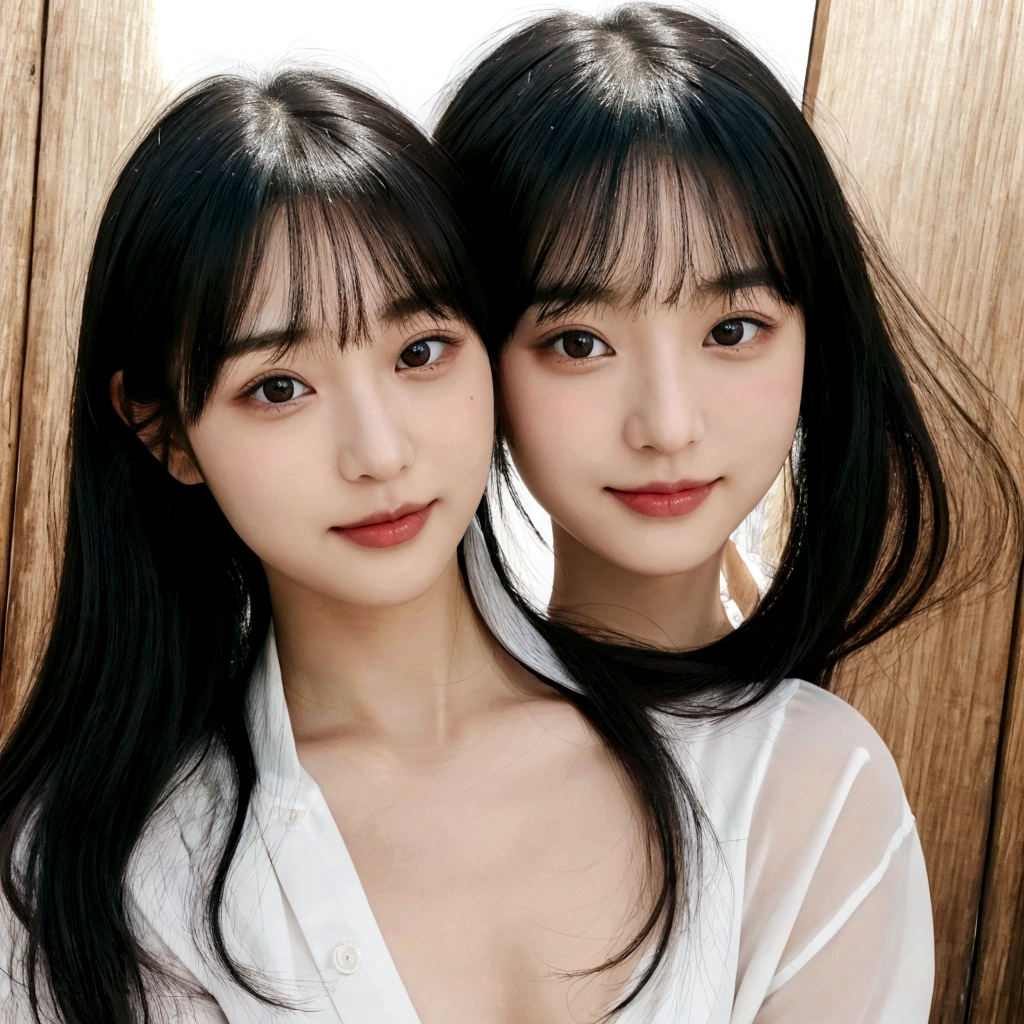 (8K, 4K, Best Quality, High Definition, Ultra High Definition: 1.1), (Masterpiece, Realistic, Photorealistic: 1.1), Solo, Japanese woman, H cup, cute, erotic, model's expression, cafe clerk, black straight hair, straight bangs, oval face, large round dark eyes, small well-shaped nose, small full lips, warm smile, thin neat eyebrows, clean and approachable aura,