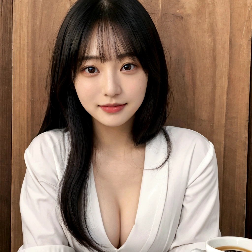 (8K, 4K, Best Quality, High Definition, Ultra High Definition: 1.1), (Masterpiece, Realistic, Photorealistic: 1.1), Solo, Japanese woman, H cup, cute, erotic, model's expression, cafe clerk, black straight hair, straight bangs, oval face, large round dark eyes, small well-shaped nose, small full lips, warm smile, thin neat eyebrows, clean and approachable aura,