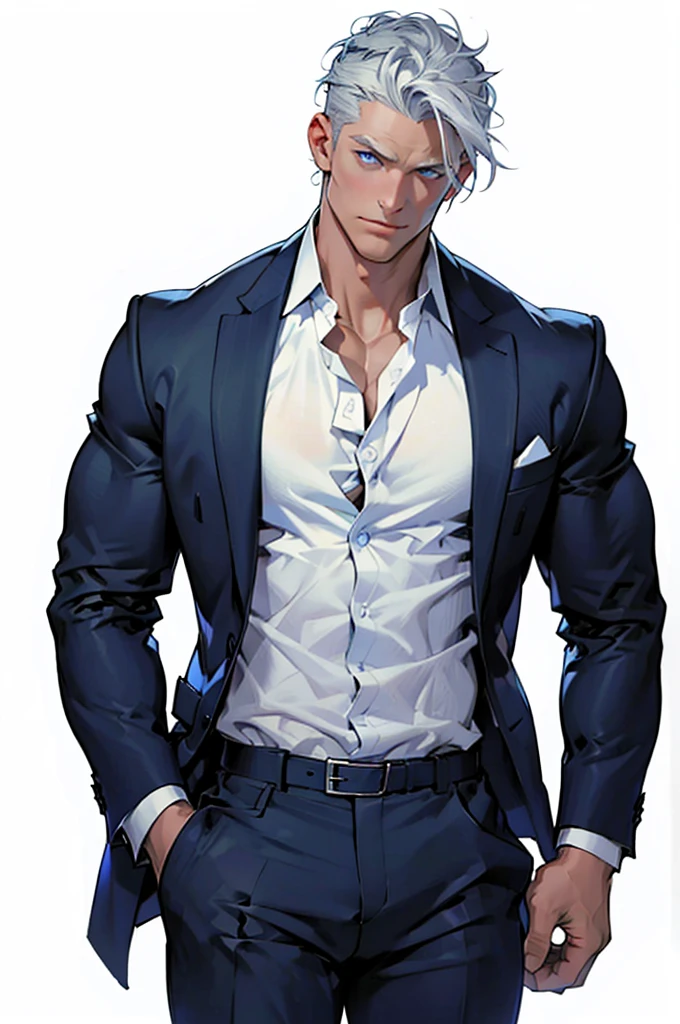 Drawing of a young Chad, Dark blue suit,tie, White shirt,Pants, Looking at the camera, male,Silver short hair,Blue Eyeuscle,bodyguard,Solid color background