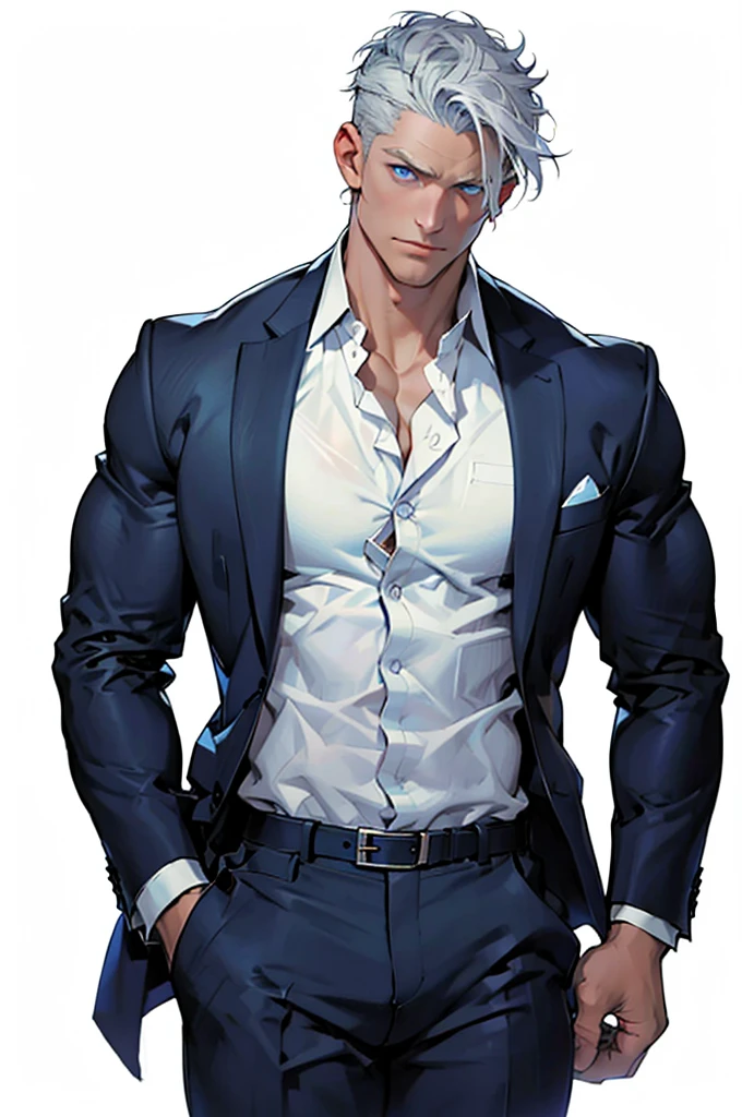 Drawing of a young Chad, Dark blue suit,tie, White shirt,Pants, Looking at the camera, male,Silver short hair,Blue Eyeuscle,bodyguard,Solid color background