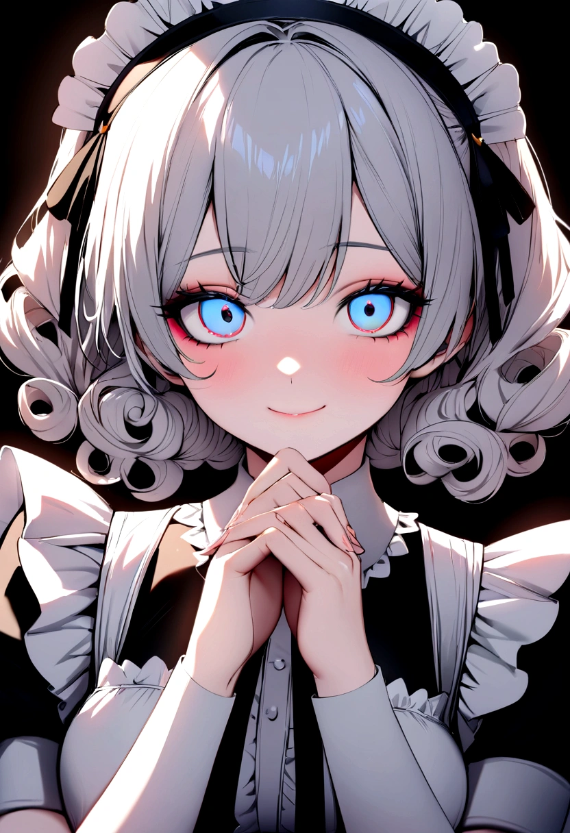 ((Beautiful maid:1.5),high resolution, Top quality),Dressed as a maid,Soft hands, Big bright eyes, Dark and Vibrant Curls, sweet smile, Red face, Soft Light, Pure white background.  