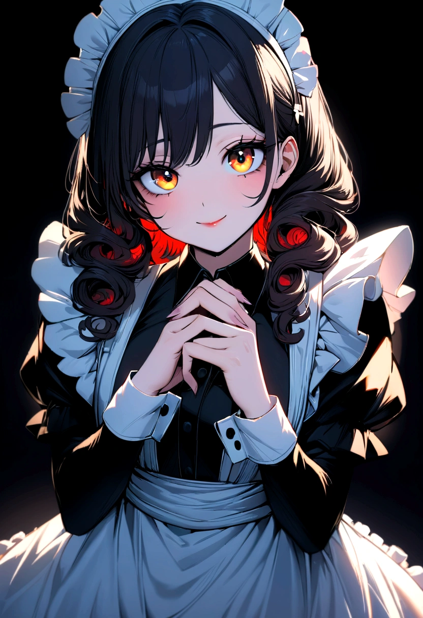 ((Beautiful maid:1.5),high resolution, Top quality),Dressed as a maid,Soft hands, Big bright eyes, Dark and Vibrant Curls, sweet smile, Red face, Soft Light, Pure white background.