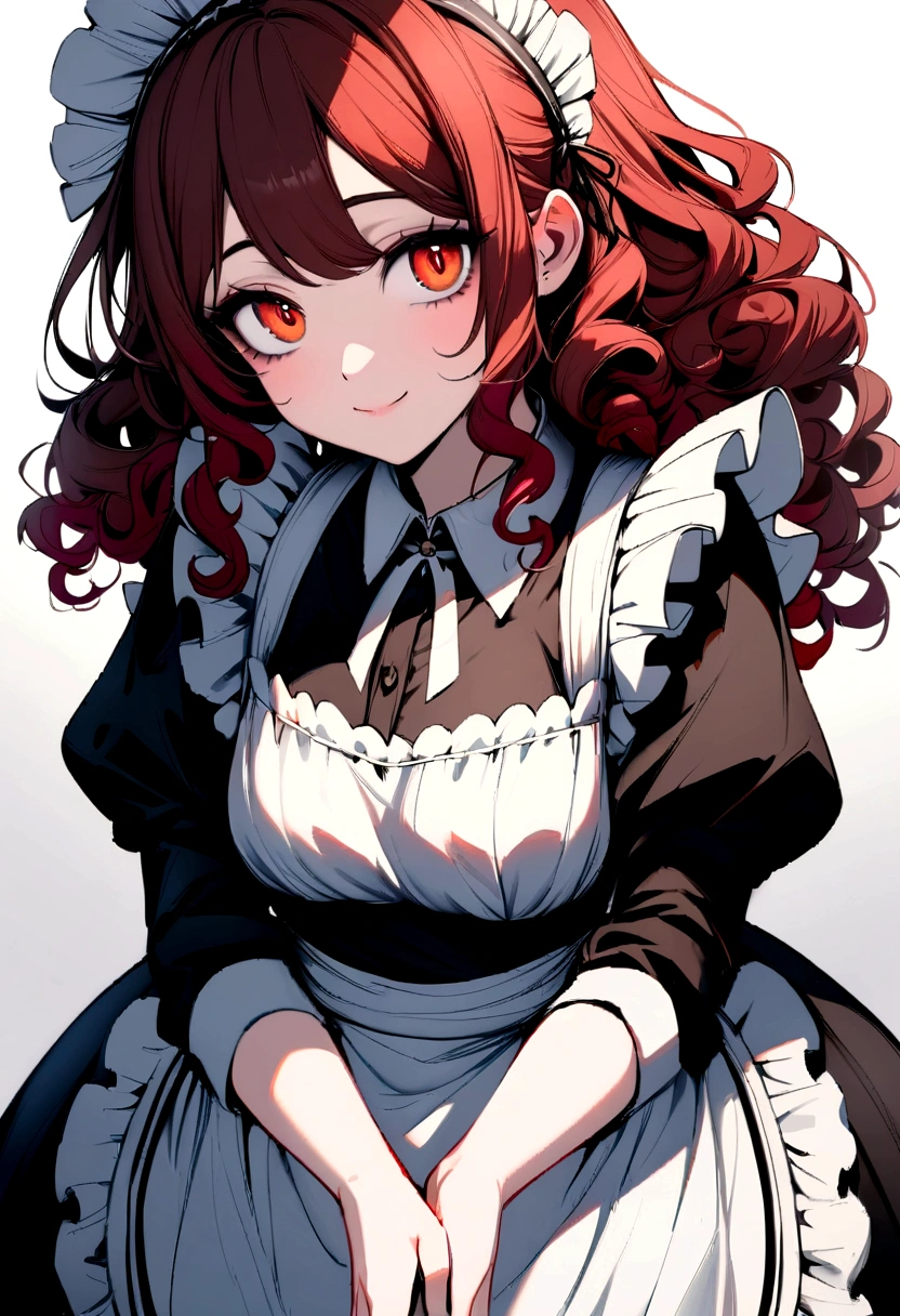 ((Beautiful maid:1.5),high resolution, Top quality),Dressed as a maid,Soft hands, Big bright eyes, Dark and Vibrant Curls, sweet smile, Red face, Soft Light, Pure white background.