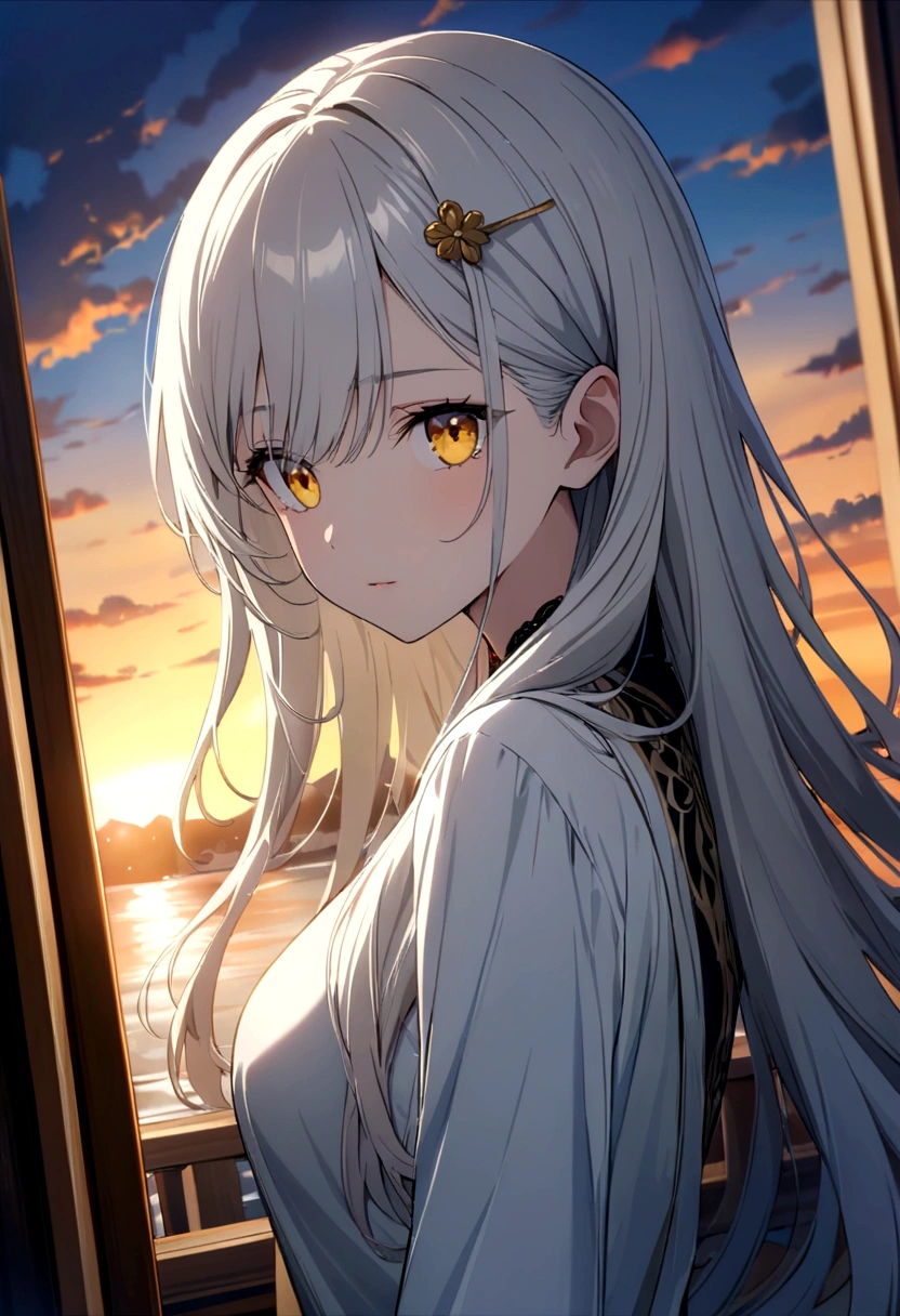 Medium shot, Medium shot, Depth of Field, Break, Upper Body, angle, masterpiece, best quality, Very detailed, CG, 8k wallpaper, Pretty Face, Exquisite eyes, one country, Solitary, White long hair, Yellow eyes, hairpin, White shirt, black连帽夹克, black棒球帽, black, black过膝靴, Sunset, 中世纪port, port, Delicate water surface, Sun reflection