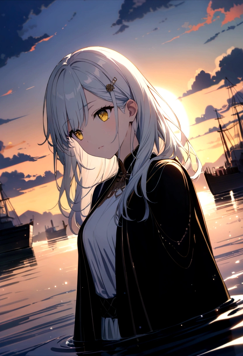 Medium shot, Medium shot, Depth of Field, Break, Upper Body, angle, masterpiece, best quality, Very detailed, CG, 8k wallpaper, Pretty Face, Exquisite eyes, one country, Solitary, White long hair, Yellow eyes, hairpin, White shirt, black连帽夹克, black棒球帽, black, black过膝靴, Sunset, 中世纪port, port, Delicate water surface, Sun reflection