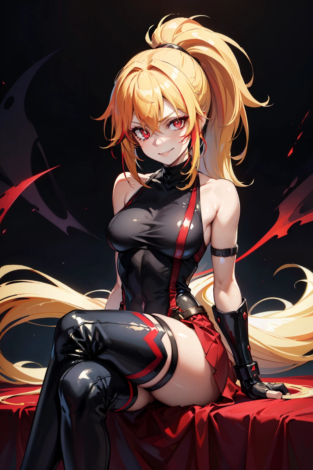 she is back, insane smile,(masterpiece, best quality:1.2), red glowing eyes, red eyes, the eyes are red, perfect face, strong make up, highres, 1 girl, ultra long ponytail, (female:1.5), strife, blonde hair streaked with lots of red highlights, two colors hair (blond and red), hight flame mistress outfit, shoulder armor, sleeveless turtleneck, suspenders, belt, gloves, bracer pre potent smile, crossing legs, crossing arms , evil smile, evil pose, sitting, portrait, looking at viewer, Her hair is streaked with lots red and blonde highlights, moon tribal tattoo.