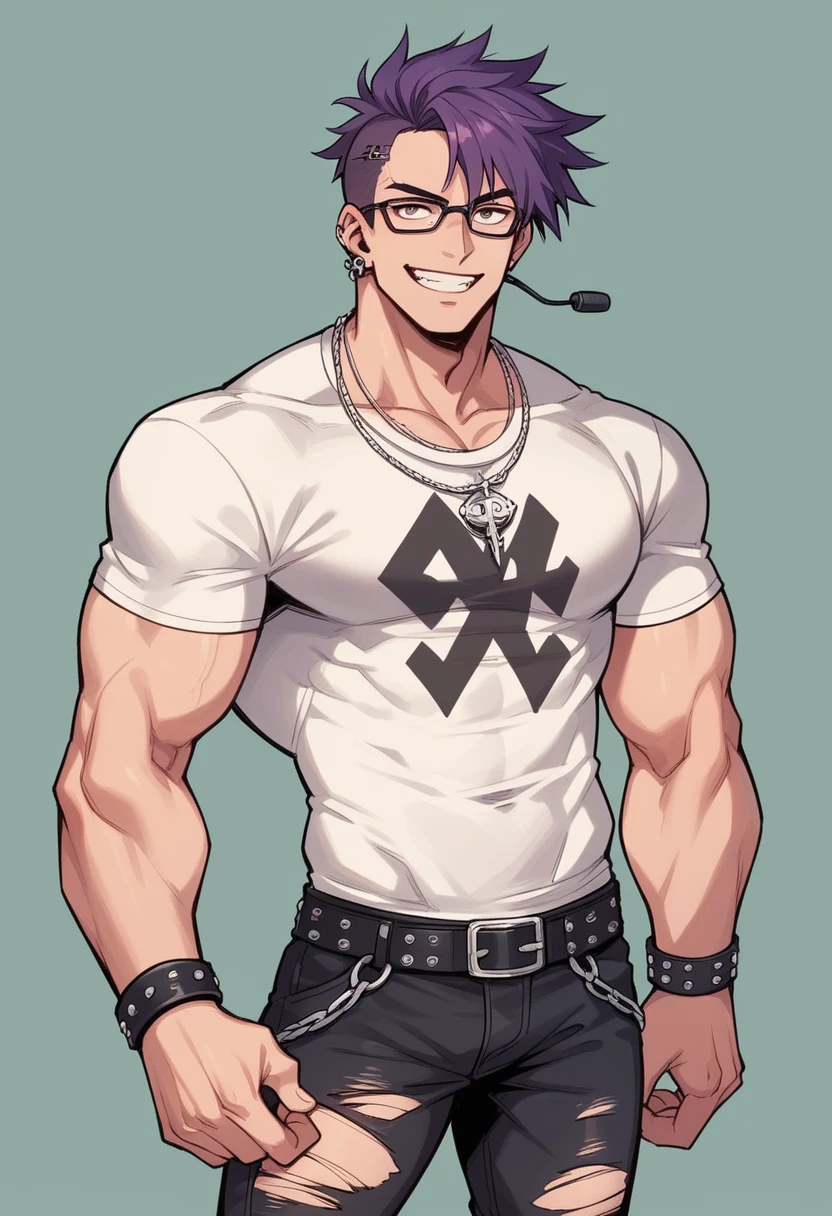 Anime a man, short hair mixed with black, red and purple, handsome face, wearing glasses, wearing an earring in the left ear, wear a cable headset, wearing levis, white t-shirt, wearing a punk necklace, and punk bracelets, also a punk belt. torn trousers, sweet smiling facial expression, campus class background
