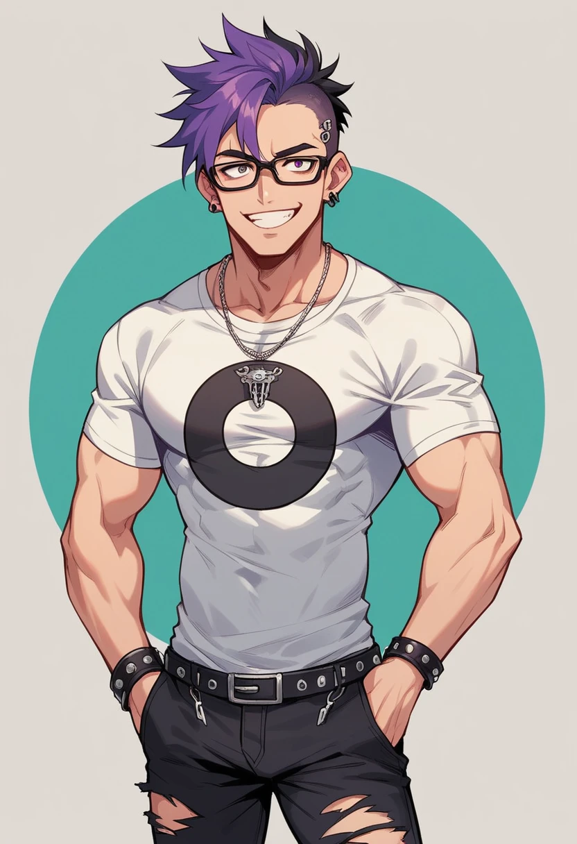 Anime a man, short hair mixed with black, red and purple, handsome face, wearing glasses, wearing an earring in the left ear, wear a cable headset, wearing levis, white t-shirt, wearing a punk necklace, and punk bracelets, also a punk belt. torn trousers, sweet smiling facial expression, campus class background