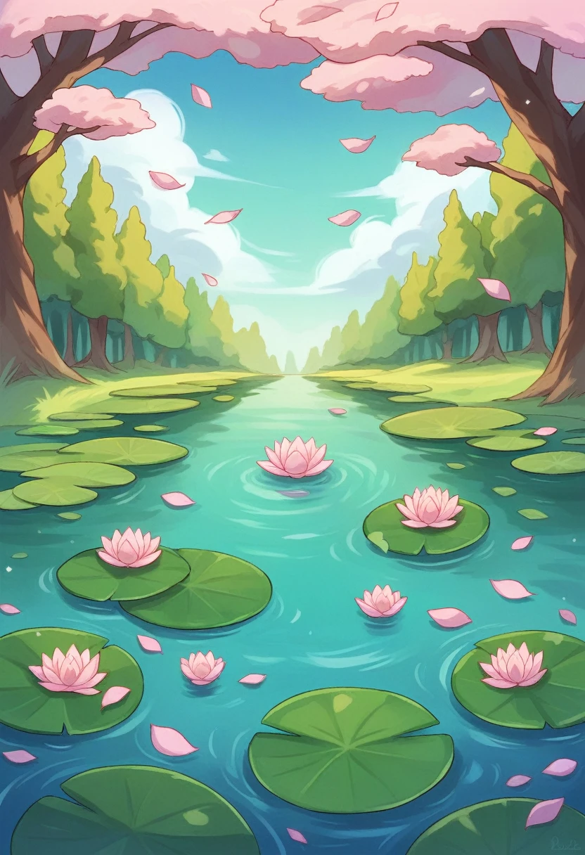 A beautiful lotus pond。In the center of the picture there is a blooming pink lotus,The petals are layered on top of each other,The center part is slightly lighter in color。The lotus is surrounded by green lotus leaves,Some leaves have wavy edges。There are some trees in the background,The leaves are different shades of green