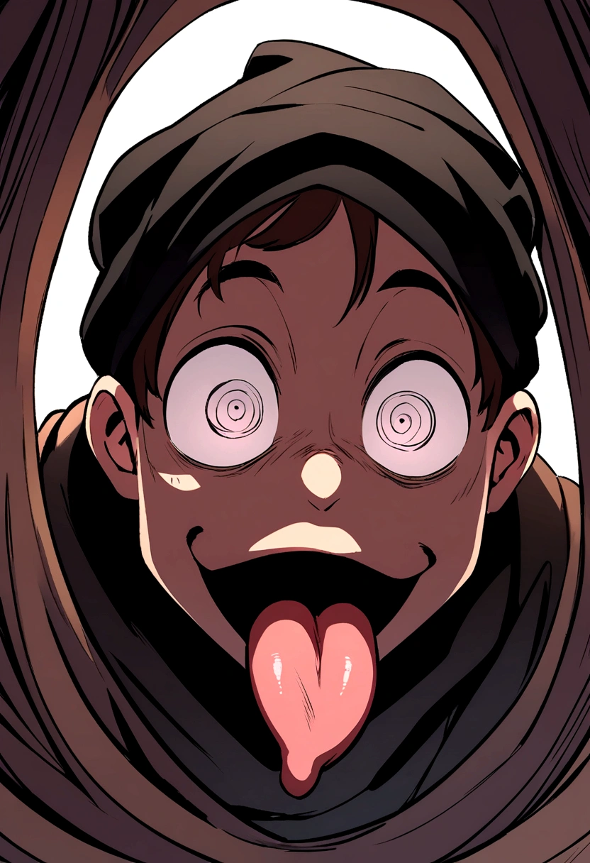 boy with black beanie hat medium long brown hair with super bulging eyes and tongue out opening his mouth impressed in cartoon form