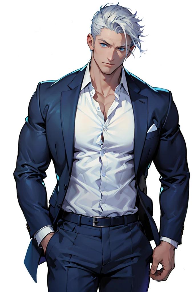 Drawing of a young Chad, Dark blue suit,tie, White shirt,Pants, Looking at the camera, male,Silver short hair,(Blue Eyes:1.2),muscle,bodyguard,Solid color background,(Pale skin:1.5)
