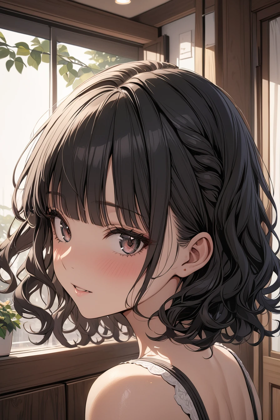 masterpiece,best quality,ultra detailed ,1girl ,black hair ,medium hair ,wavy hair blunt bangs ボディコン