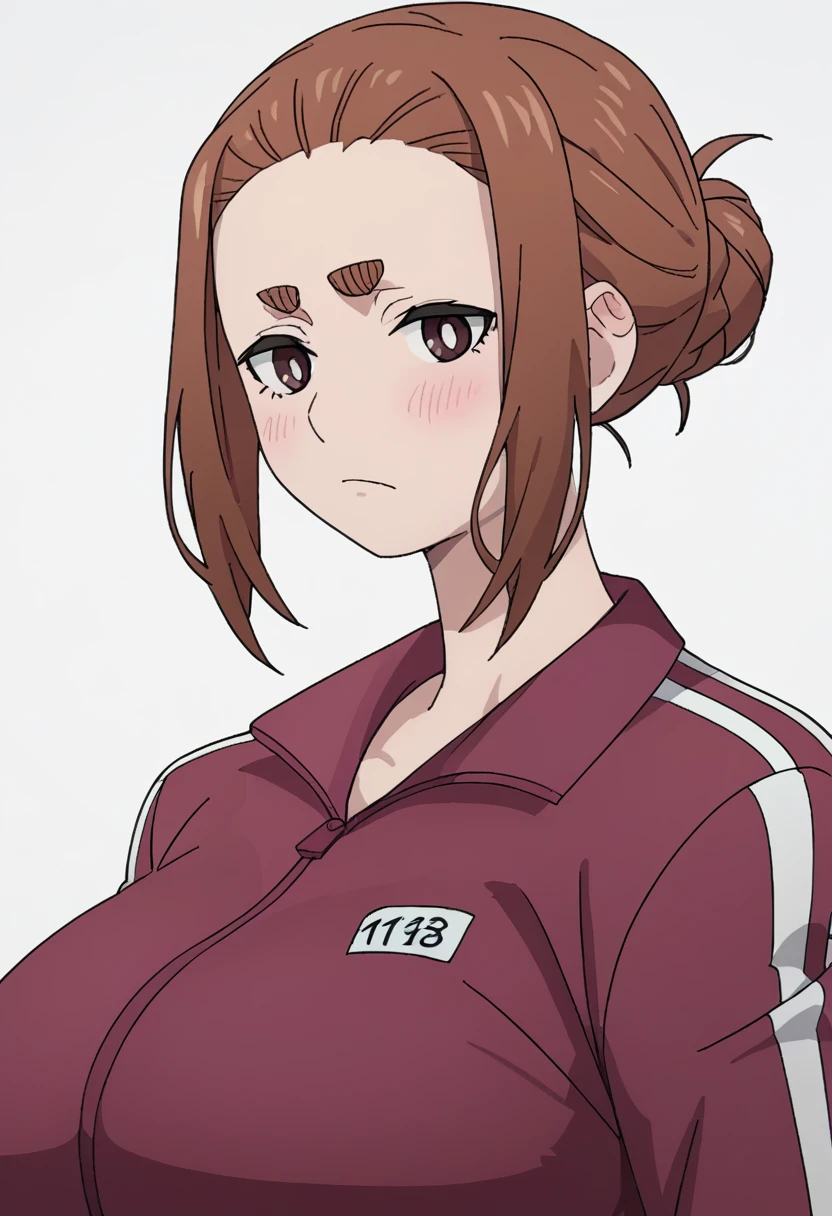 score_9,score_8_up,score_7_up,score_6_up,source_anime,sumireko ogawa, 1girl, solo, , jacket, track jacket, hair bun, upper body, blush, single hair bun,  looking at viewer, large breasts, track suit, thick eyebrows, huge breasts, red jacket, closed mouth, white background 