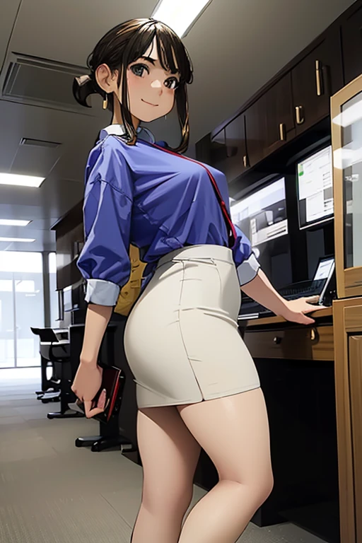 ((masterpiece,8K)), delicate, Soft Light, whole body,Beautiful Eyes,delicateな髪の毛の表現,douki-chan,smile,Red cheeks,Large Breasts,office lady,Blue Shirt,High-waisted skirt,Pencil Skirt,pantyhose,(Beautiful legs), Earrings, jewelry,Sexy pose,vending machine,View your viewers,Sync-chan