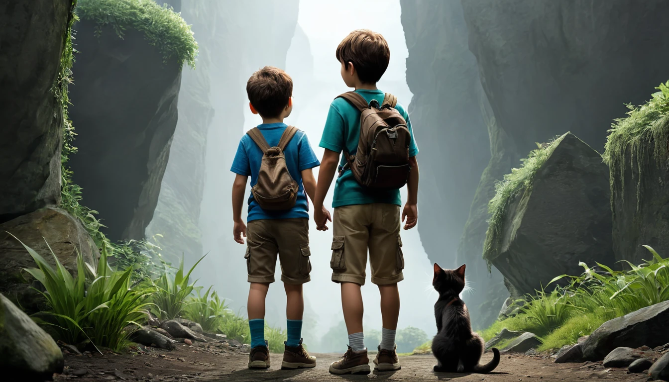 “A boy and a grown kitten are exploring a new place. A scene that gives the feeling that a new adventure is about to begin