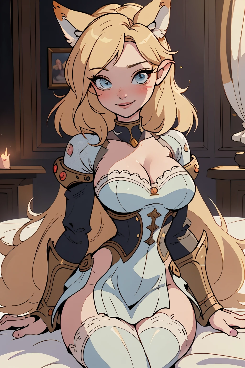 close up 1girl in, Solo, Aesthetic artwork, blond, straight blonde hair, super long blonde hair, light blue eyes, some small freckles, pale skin, cleavage, huge breasts, runners body, (thin hips, thin waist: 1.25), (large darker fox ears: 1.25), detailed skin, shy smile, (laying down: 1.25), wearing Warcraft armor, World of Warcraft for the alliance, Janea Proudmore, 50mm, 4k textures, soft cinematic light, RAW intricate, elegant, highly detailed, sharp focus, ((((cinematic look)))), soothing tones, insane details, intricate details, hyperdetailed, low contrast, soft cinematic light, dim colors, exposure blend, hdr, faded