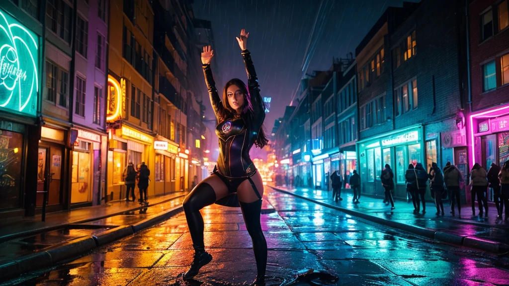 "As the agents move to capture her, the woman raises her hands, releasing a burst of magical energy. The alleyway is illuminated with bright, swirling colors as she casts a powerful spell. The agents are thrown back, and she seizes the moment to escape, disappearing into the night as the rain continues to fall."

