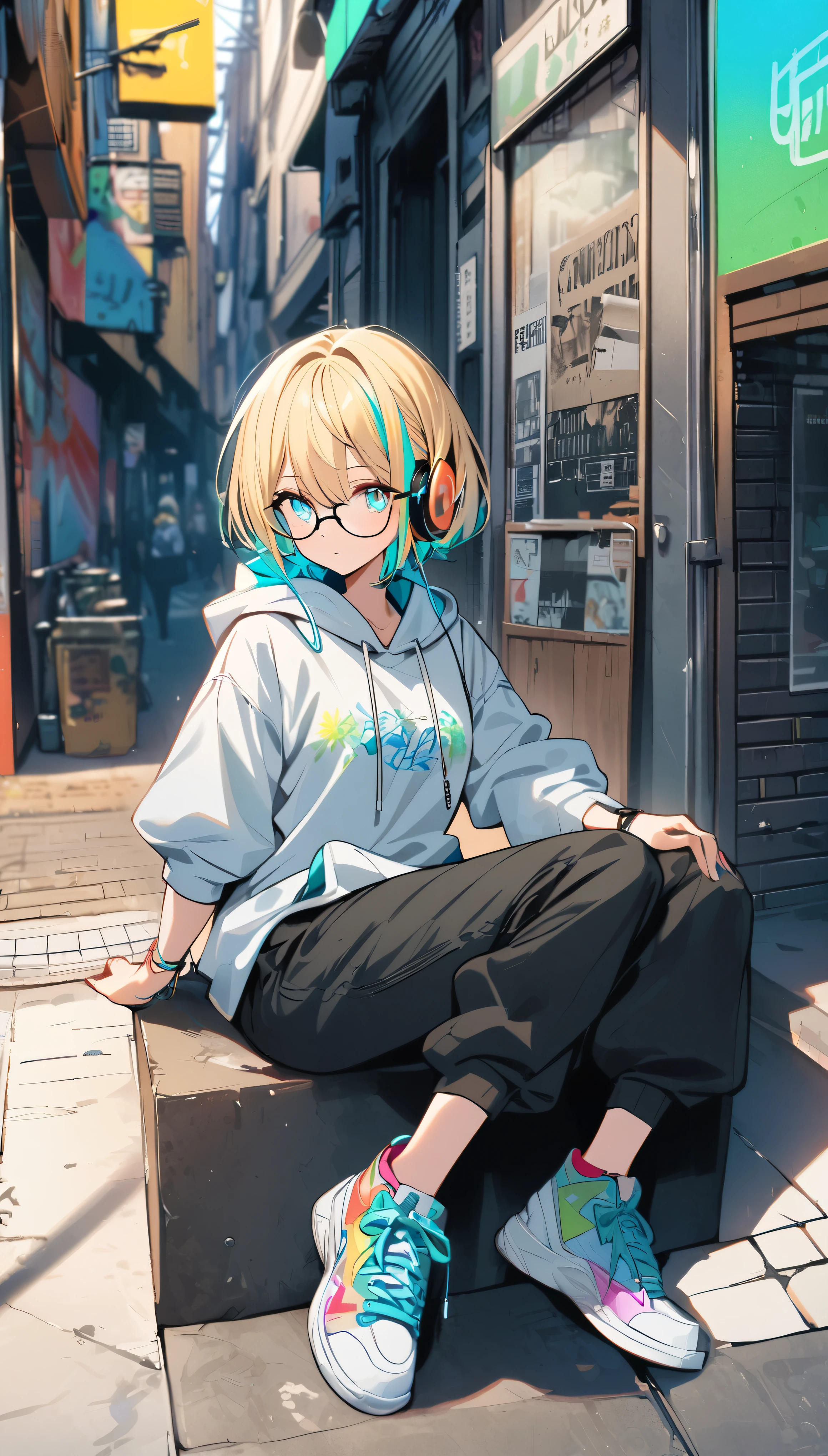super delicate, delicate eyes, 1girl, boyish, wearing glasses, aqua eyes, blond hair, short hair, colorful inner hair, headphone, hoodie, long pants, sneakers, street