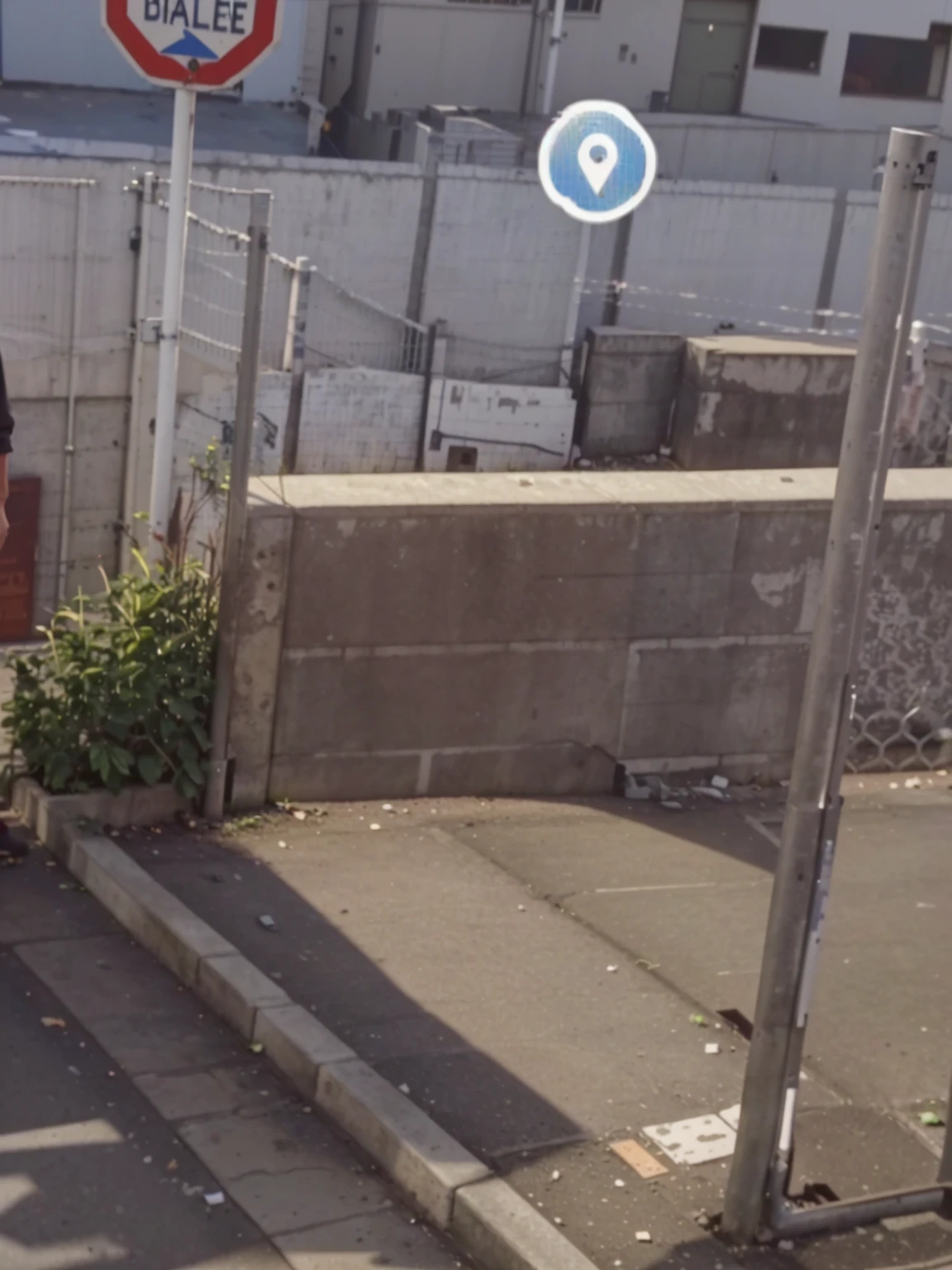 There is a man standing on the sidewalk next to a fence., Found on Google Street View, very coherent image, Location ( Favela _ wall ), exploitable image, street view, very very low quality picture, strange camera angle, low quality footage, very very low quality, scanned photo, barriers, hidden area, Realistic Unreal Engine 3D game, discovered photo