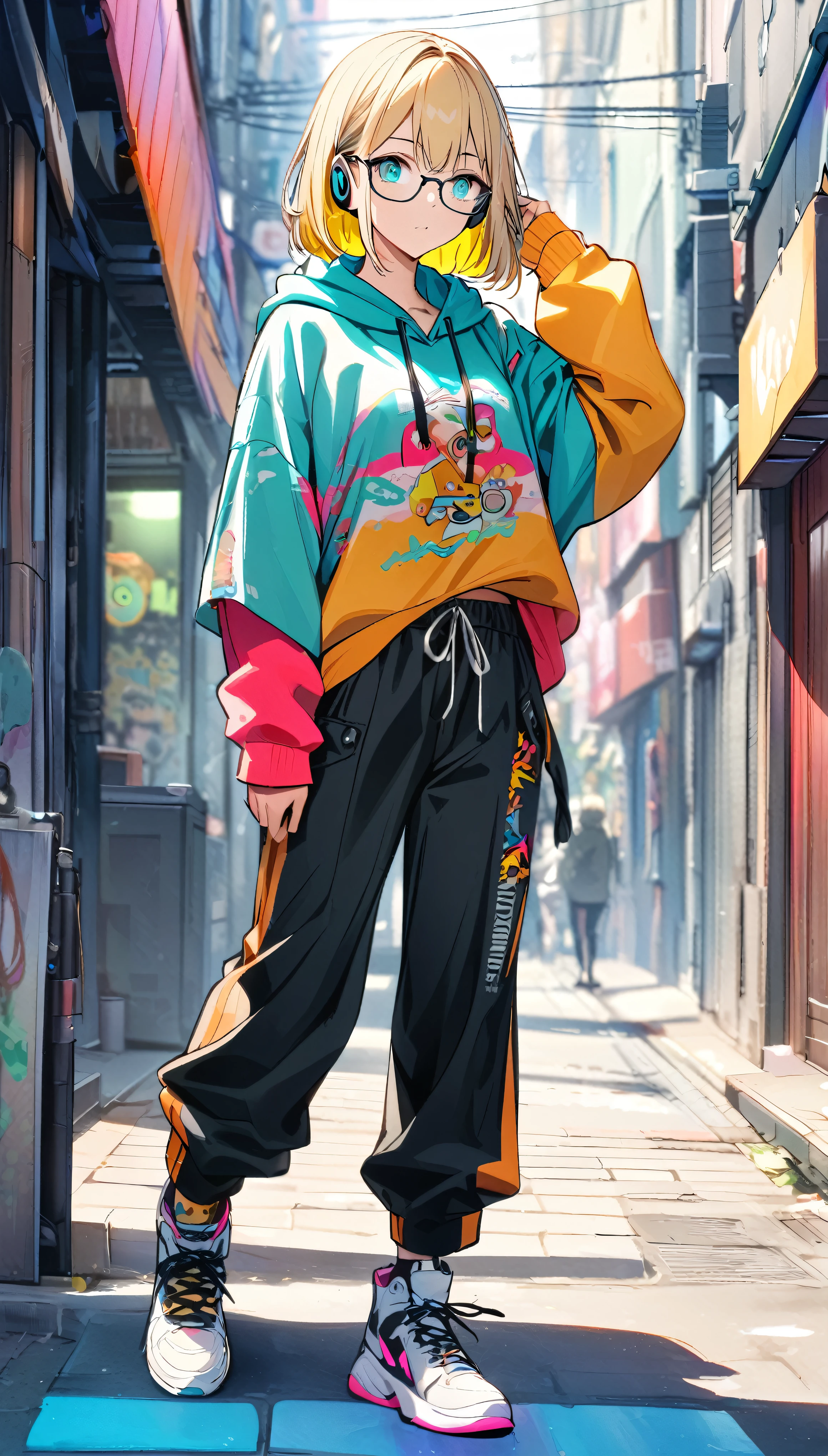 super delicate, 1girl, boyish, wearing glasses, aqua eyes, blond hair, short hair, colorful inner hair, headphone, hoodie, long pants, sneakers, street