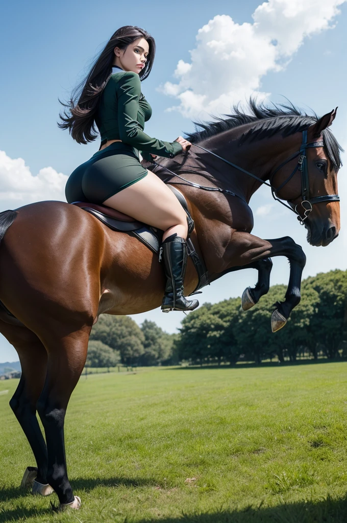 horseback, big fit ass, stark, withe wings, blackw, beautiful green lawn, blue colored eyes