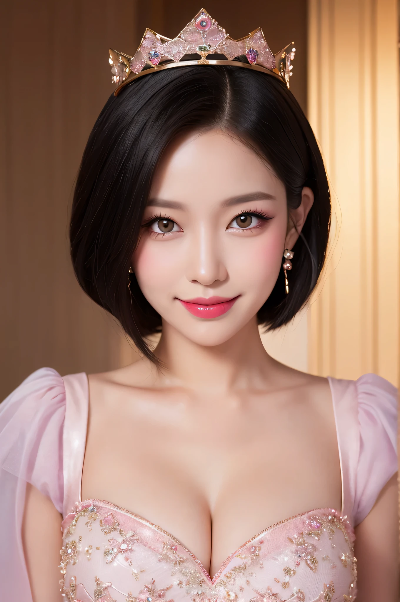 black hair, hair bobbles, longeyelashes, solid circle eyes, light smile, mole under eye, heart earrings, light smile, shy, puckered lips, Surrealism, drop shadow, stereogram, pov, atmospheric perspective, depth of field, first-person view, f/1.8, 8k, super detail, ccurate, best quality, highres, best quality,short cut hair, (beautiful detailed makeup), (sexually aroused blushing heavy breathing:1.0), (soft glow bloom:0.5),mole under eye:1.4,upper body,smile:1.2,((Queen:1.4)),((princess outfit:1.4)),