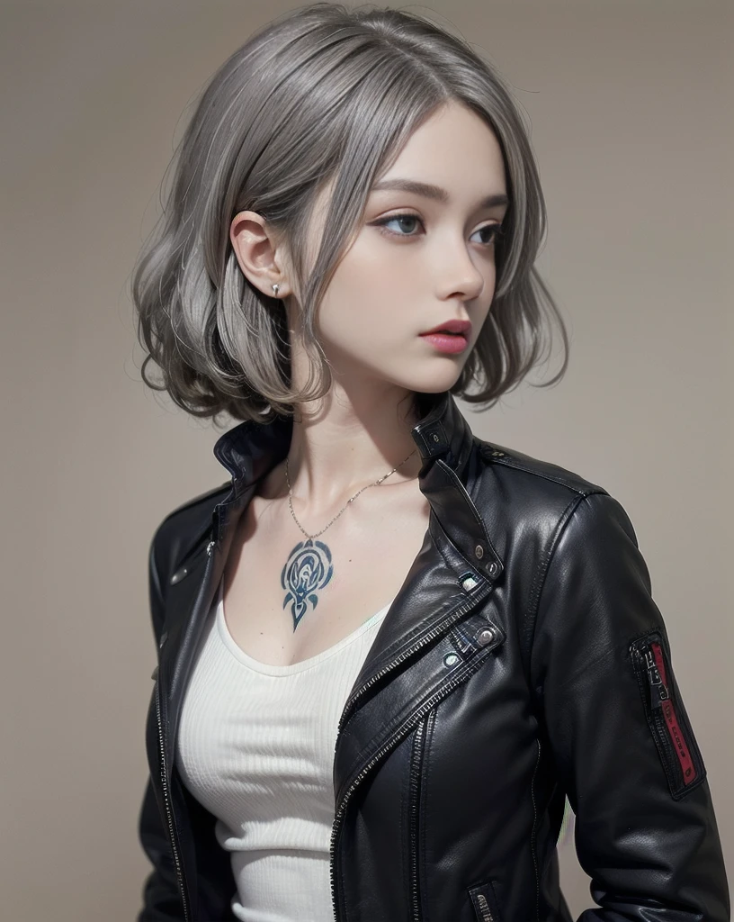 (((masterpiece)), ((best quality)), (ultra-detailed), ((extremely detailed)), 4K, (8K), best quality, a beautiful woman, (( gray hair)), ((curly bob cut)), hair in 7 thirds, light blue eyes, detailed skin, freckled skin, 20 years old, ((wavy hair)), ((hair over one ear)), ((Forehead)), ((1girl, solo)), from side, ((large tattoo on neck)), beautiful profile, looking away, beautiful neck, black jacket, jacket style, solid beige background