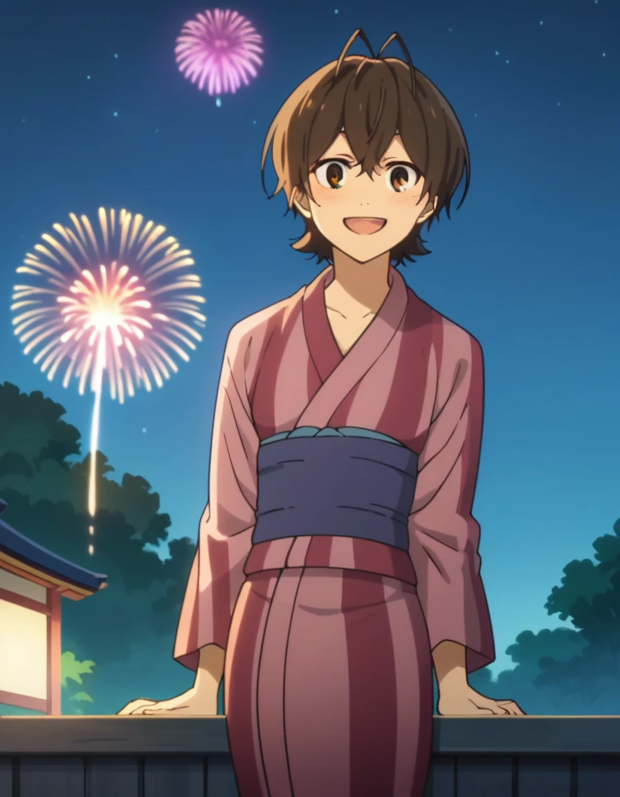 score_9, score_8_up, score_7_up, score_6_up, score_5_up, score_4_up, source anime, anime screencap, anime coloring, miwa, looking at viewer,kimono,night, fireworks, smile, blush, open mouth,