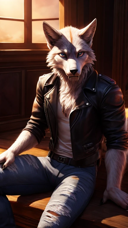 A lanky bipedal wolf-feline hybrid creature with white fur, large dark purple spots, beautiful detailed eyes, sharp fangs, claws, muscular body, sitting upright in a sensual pose, warm lighting, cinematic composition, highly detailed, 8k, photorealistic, intricate details, hyper realistic, chiaroscuro lighting, warm shadows, vibrant colors, fantasy, surreal, white leather jacket, tattered thrasher shirt, black ripped jeans