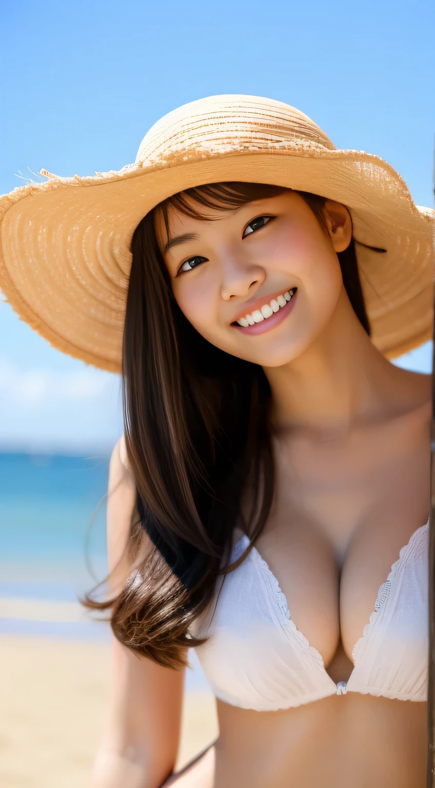 masterpiece,best quality,(Japanese ),((Beautiful girl)),cleavage,(perfect body beauty:1.2),(shy smile),beautiful teeth,(straw hat),(seaside),