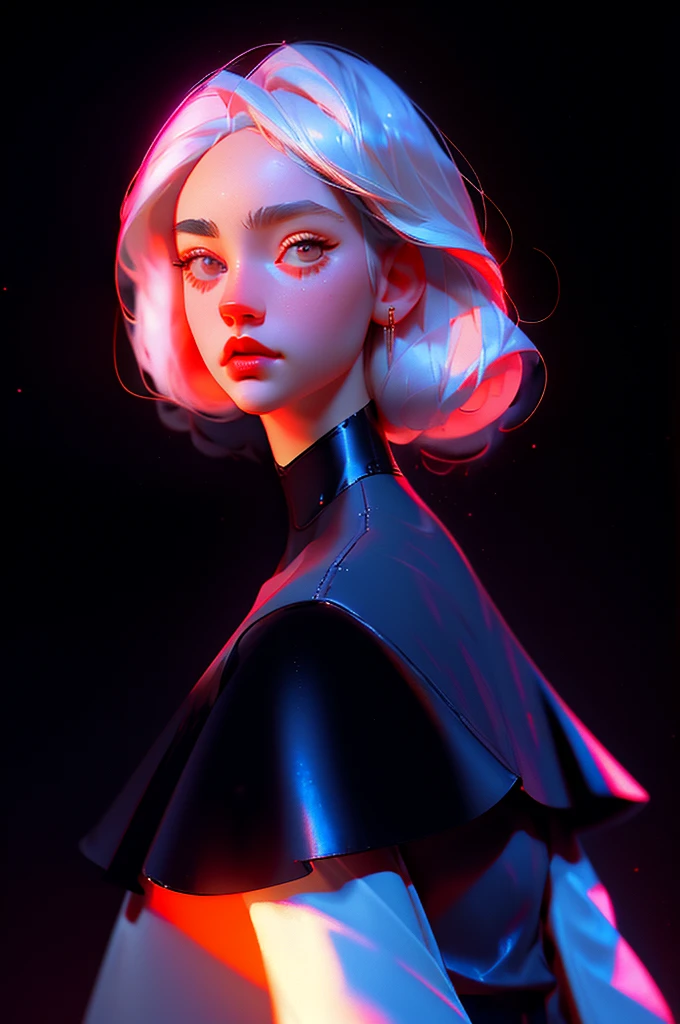 hyper-realistic illustration, The perfect masterpiece, perfect artwork, 8k, (Upper body portrait: 1.5), (((Viewed from the front: 1.2))), lens close-up, delicate face, white hair, (hakuhatsu: 1.3), long hair, long arms, (black background: 1.3), sexy posing, low-cut dress, red and gold dress, pearl illusion, cyberpunk, trend fashion,3s material,high definition,detailed rendering,c4d,3d,octane rendering,ray tracing,complex details,neon lights,animated lighting,OCRenderer,8k