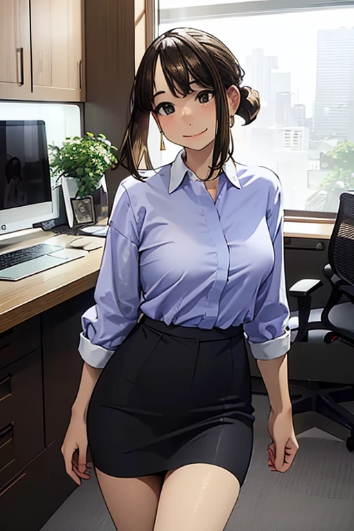 ((masterpiece,8K)), delicate, Soft Light, whole body,Beautiful Eyes,delicateな髪の毛の表現,douki-chan,smile,Red cheeks,Large Breasts,office lady,Blue Shirt,High-waisted skirt,Pencil Skirt,pantyhose,(Beautiful legs), Earrings, jewelry,Sexy pose,vending machine,View your viewers,Sync-chan