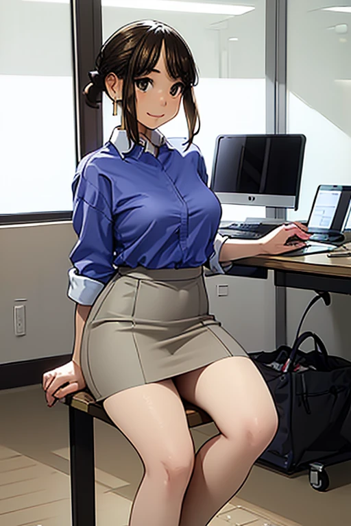 ((masterpiece,8K)), delicate, Soft Light, whole body,Beautiful Eyes,delicateな髪の毛の表現,douki-chan,smile,Red cheeks,Large Breasts,office lady,Blue Shirt,High-waisted skirt,Pencil Skirt,pantyhose,(Beautiful legs), Earrings, jewelry,Sexy pose,vending machine,View your viewers,Sync-chan