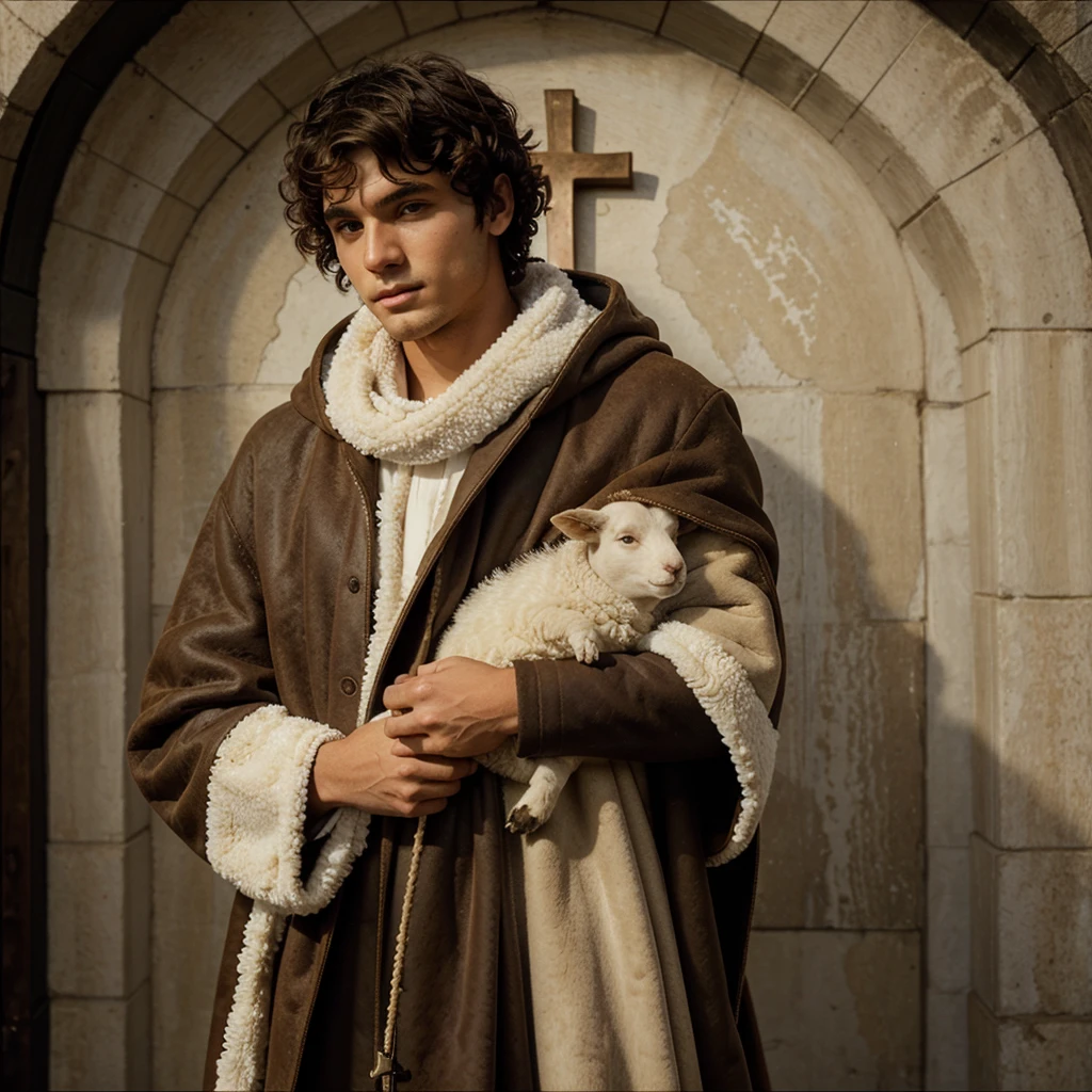 Saint Saint John, young man with short curly hair, wearing a sheepskin cloak, holding a sheep in his arms and holding a cross.