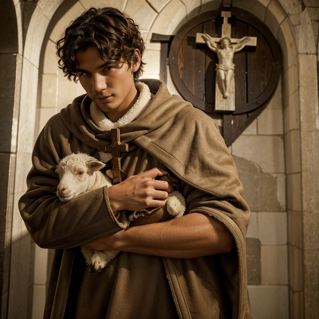 Saint Saint John, young man with short curly hair, wearing a sheepskin cloak, holding a sheep in his arms and holding a cross.