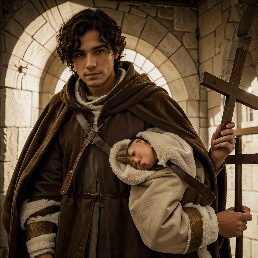 Saint Saint John, young man with short curly hair, wearing a sheepskin cloak, holding a sheep in his arms and holding a cross.